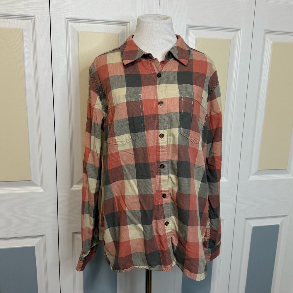 Carhartt Women’s Orange Yellow Grey Plaid Long Sleeve Button‎ Down Shirt Sz L